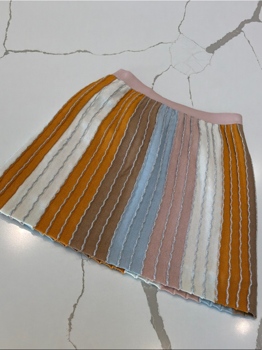 Eva Franco Mustard Pink Blue Striped Knit Mini Skirt Small Lined Silver Accents